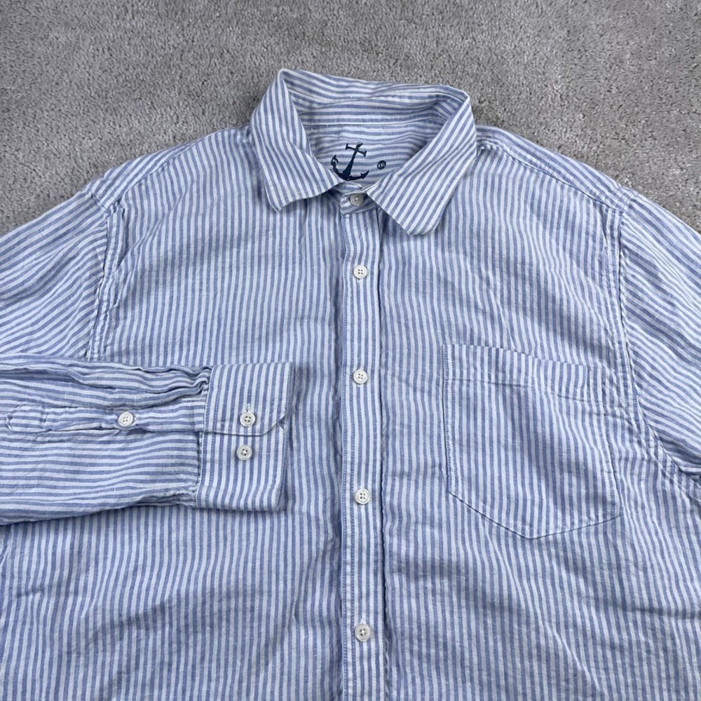 Hiho Shirt Mens 2XL XXL Blue White Stripes Linen Button Up Beach‎ Fit Relaxed